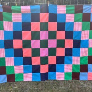 Vintage 1960s Twin Handmade Checkerboard Patchwork Quilt Gingham Colourful